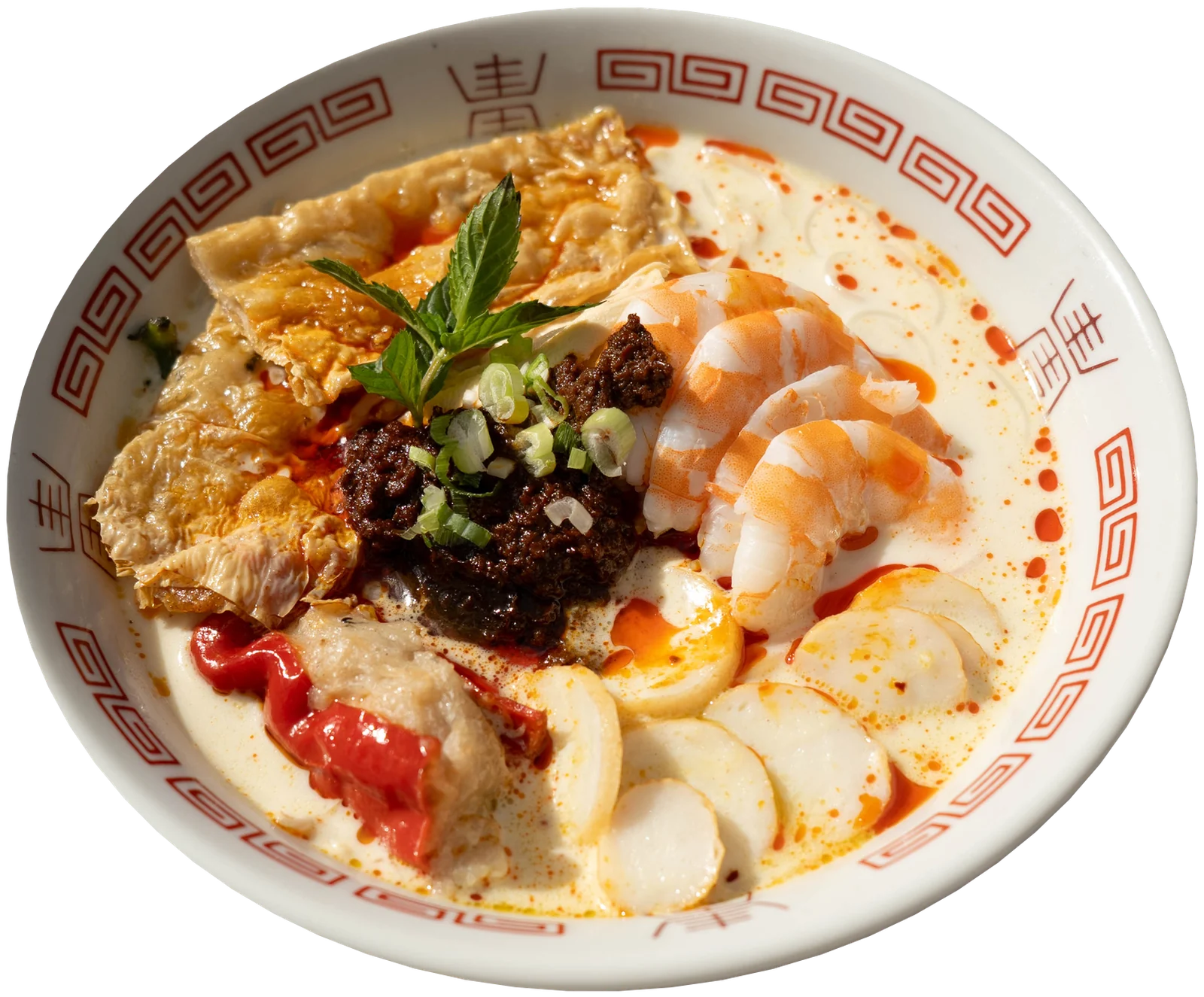 Signature Curry Laksa Bowl with prawns, bean curd roll and stuffed chili